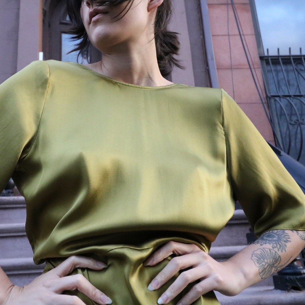 Open-Back Satin Maxi Dress in Olive Green - Picture 3 of 6